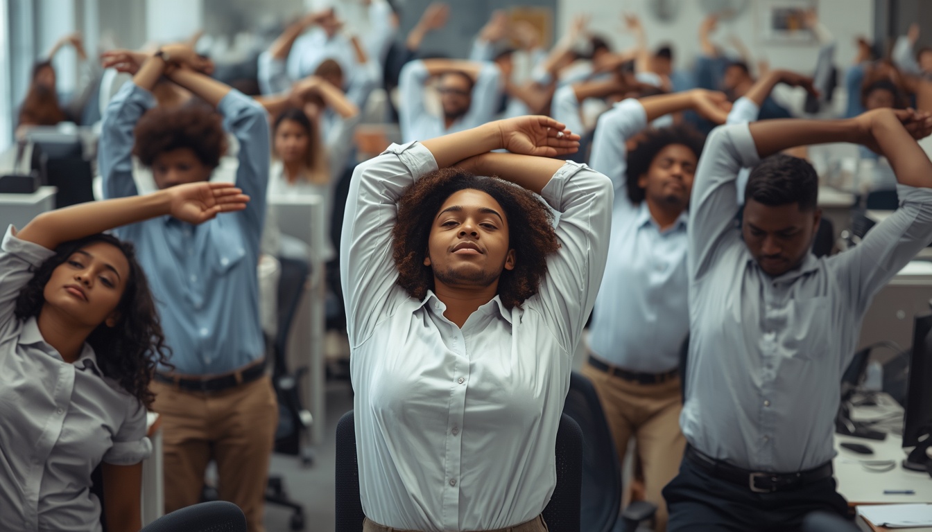 Office workers stretching at desks during a Rinsennrefine wellness session